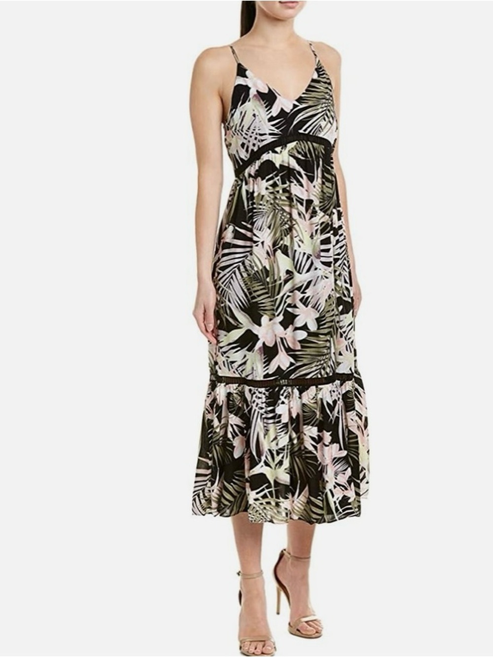CeCe Black Palm & Pink Floral Spaghetti-Strap Tropical Print Dress Size 4